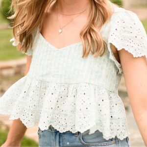 American Eagle Outfitters Light Blue Floral Lace Top